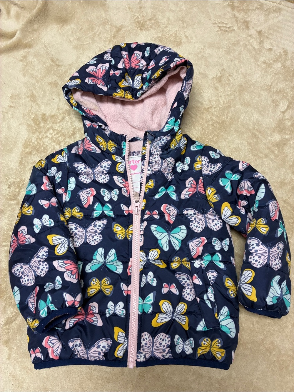 Carter's Navy Butterfly Puffer Jacket with Pink Zipper